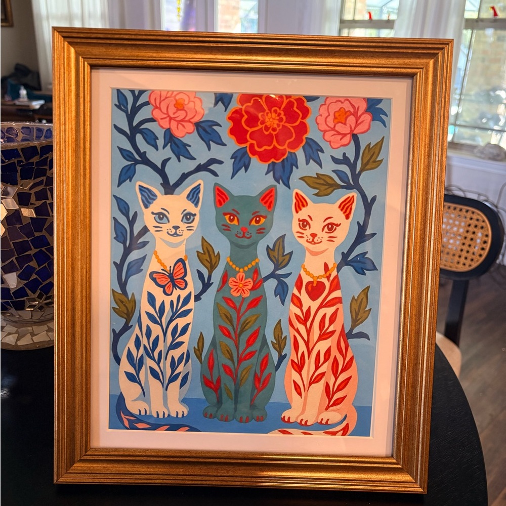 Folk Art Cat Wall Art in Gold Frame | 8x10 Colorful Floral Cats Print